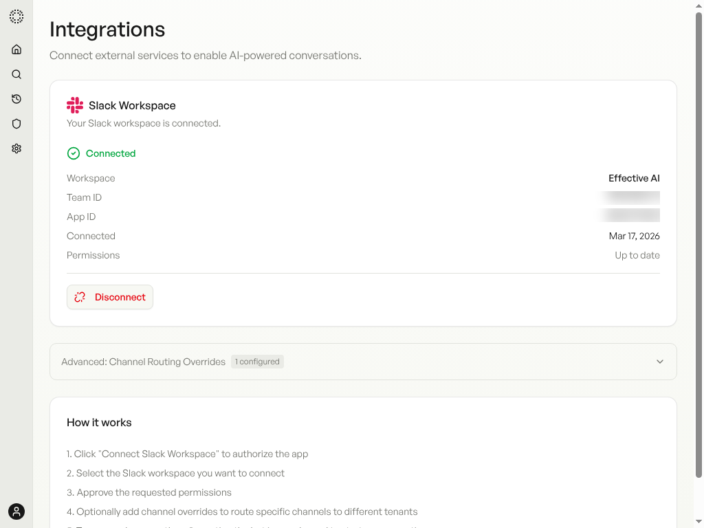 Slack integration admin page showing connected workspace