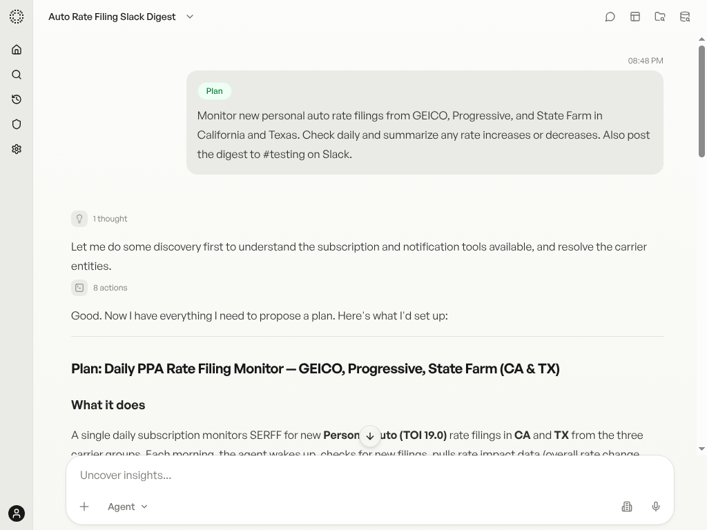 Chat showing the user's plan and the agent's discovery actions