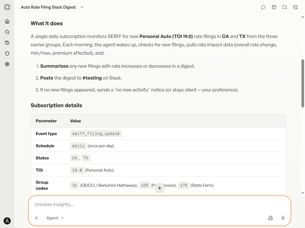 Subscription plan showing event type, schedule, states, TOI, and group codes