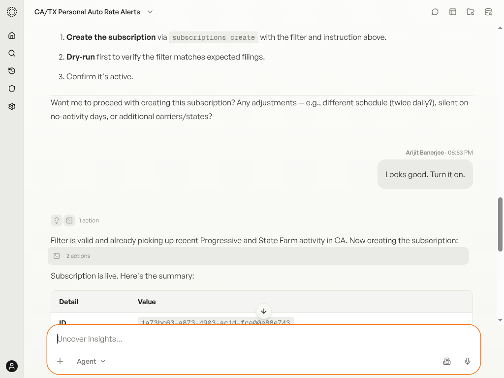Agent confirming subscription is live with summary table