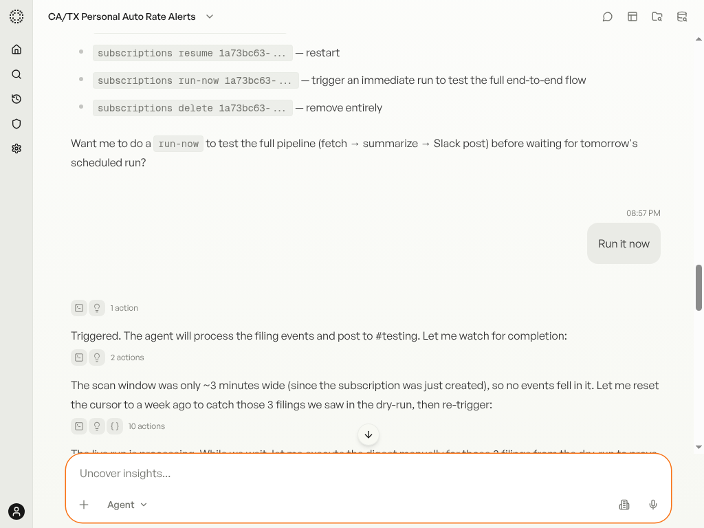 Agent commands and the user typing 'Run it now'