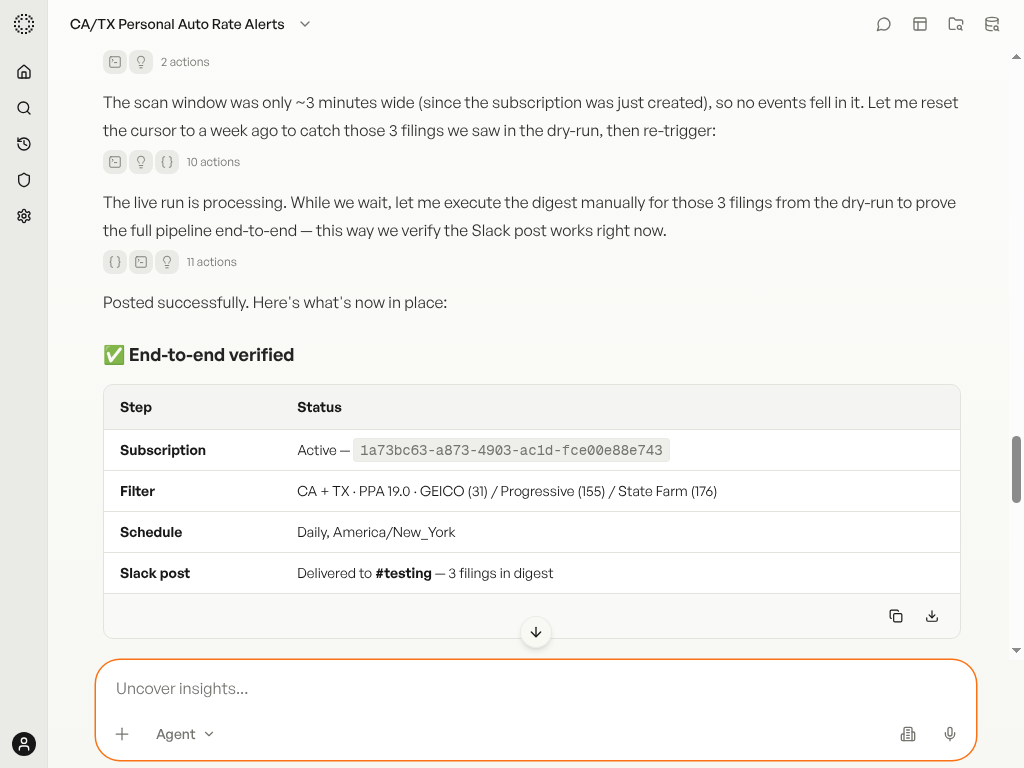 End-to-end verification table showing successful subscription, filter, schedule, and Slack post
