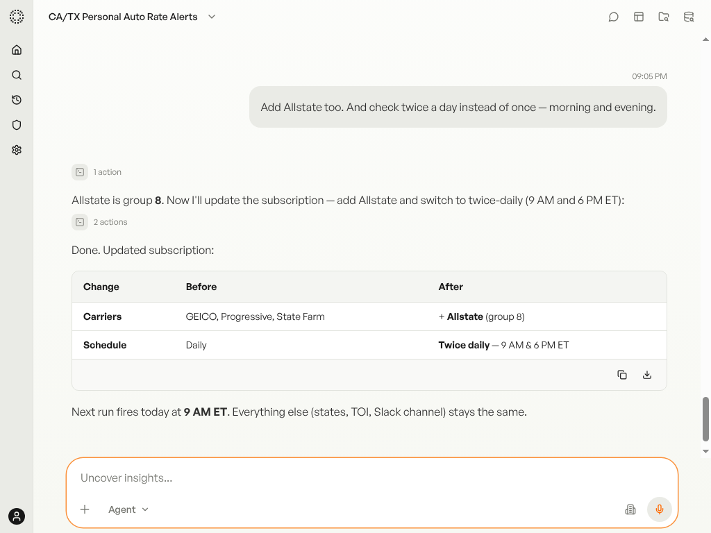 Before/after comparison table showing added carrier and updated schedule